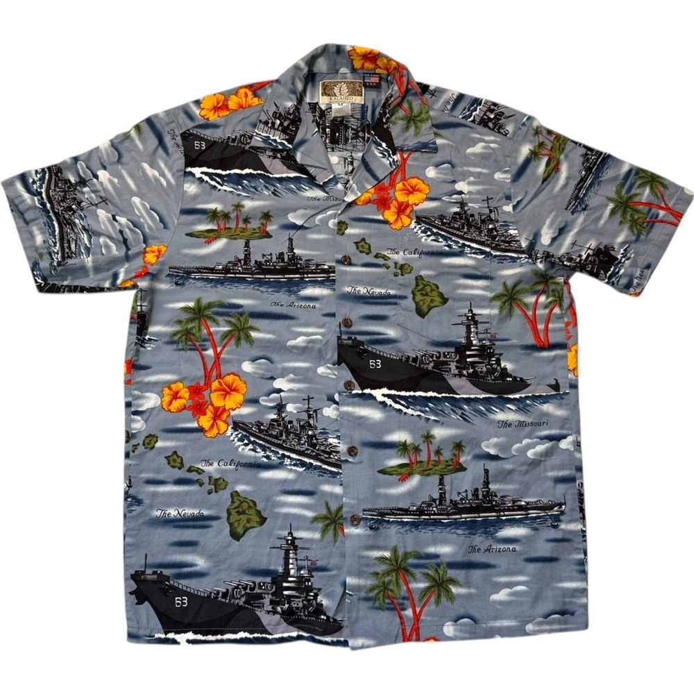 Kalaheo Navy Themed Hawaiian Shirt Made in Hawaii USA Medium